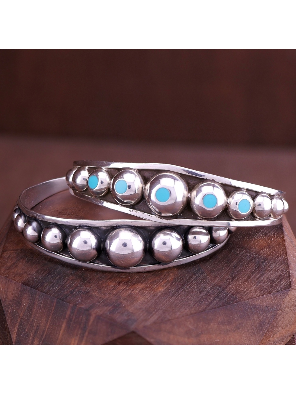 2 Vintage Mexican 925 Sterling Turquoise & Sterling Graduated Dome Cuff Bracelet